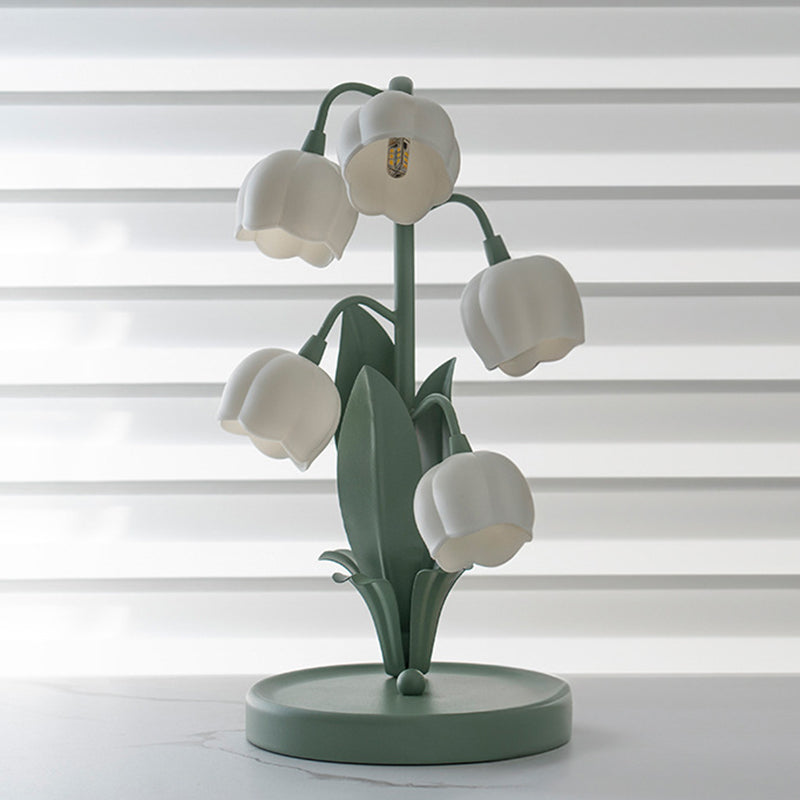 Traditional French Iron PC Glass Floral USB 5-Light Table Lamp For Bedside