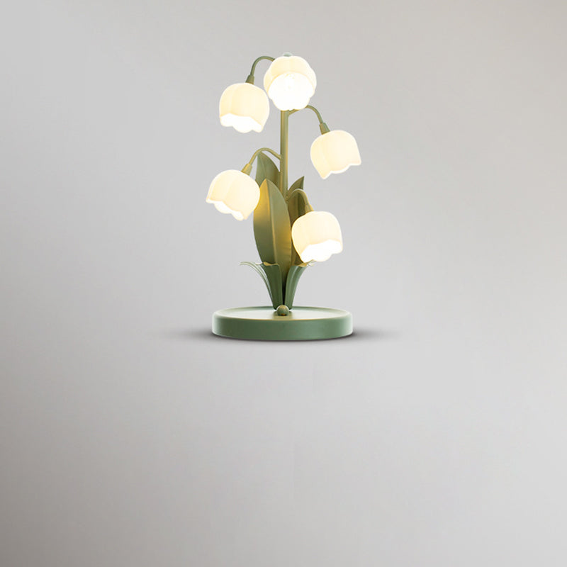 Traditional French Iron PC Glass Floral USB 5-Light Table Lamp For Bedside