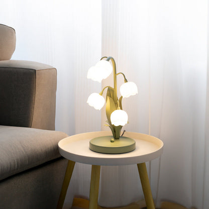 Traditional French Iron PC Glass Floral USB 5-Light Table Lamp For Bedside