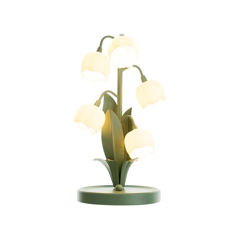 Traditional French Iron PC Glass Floral USB 5-Light Table Lamp For Bedside