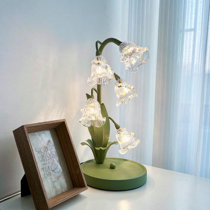 Traditional French Iron PC Glass Floral USB 5-Light Table Lamp For Bedside