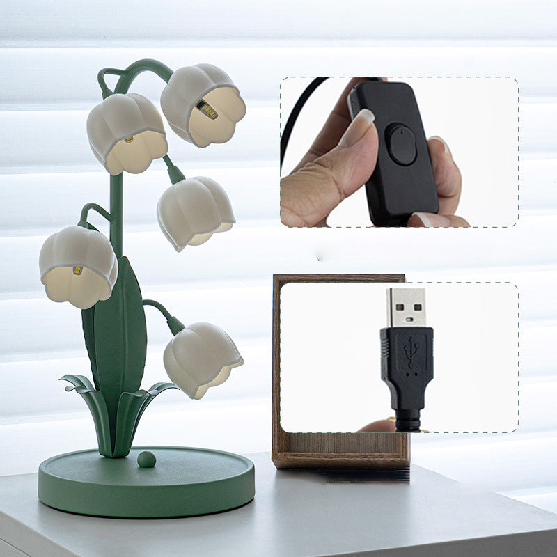Traditional French Iron PC Glass Floral USB 5-Light Table Lamp For Bedside