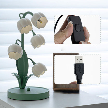 Traditional French Iron PC Glass Floral USB 5-Light Table Lamp For Bedside