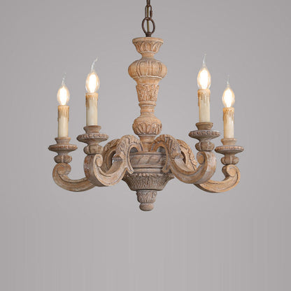 Traditional Vintage Wood Pillar Candle-Shaped 5/6/8 Light Chandeliers For Living Room
