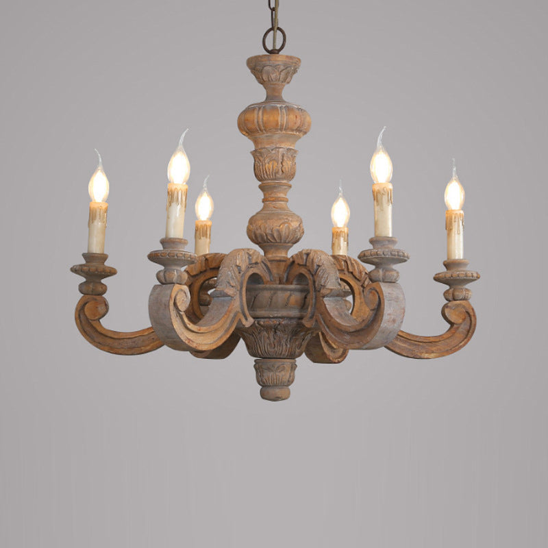 Traditional Vintage Wood Pillar Candle-Shaped 5/6/8 Light Chandeliers For Living Room