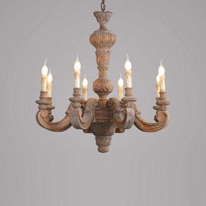 Traditional Vintage Wood Pillar Candle-Shaped 5/6/8 Light Chandeliers For Living Room