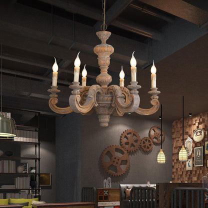 Traditional Vintage Wood Pillar Candle-Shaped 5/6/8 Light Chandeliers For Living Room