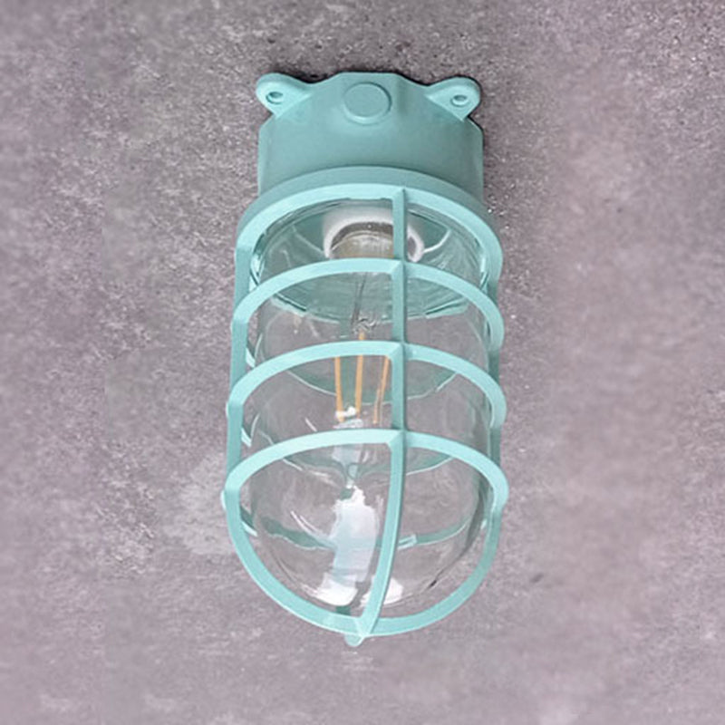 Contemporary Industrial Waterproof Aluminum Alloy Glass Cylinder Cage 1-Light Semi-Flush Mount Ceiling Light For Outdoor Patio