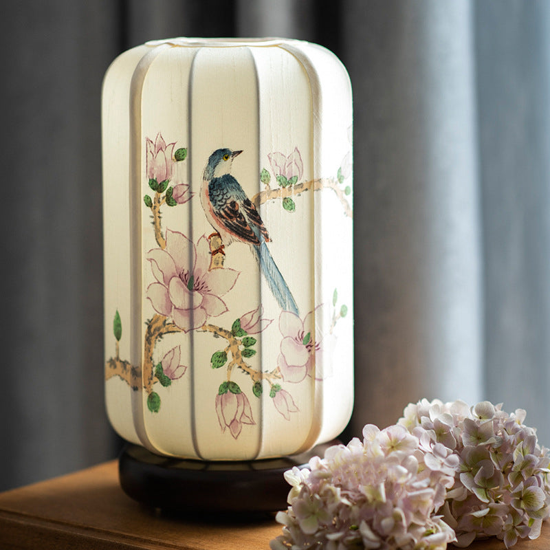 Traditional Chinese Begonia Wood Silk Cylinder Hand-painted Flower Bird 1-Light Table Lamp For Bedside