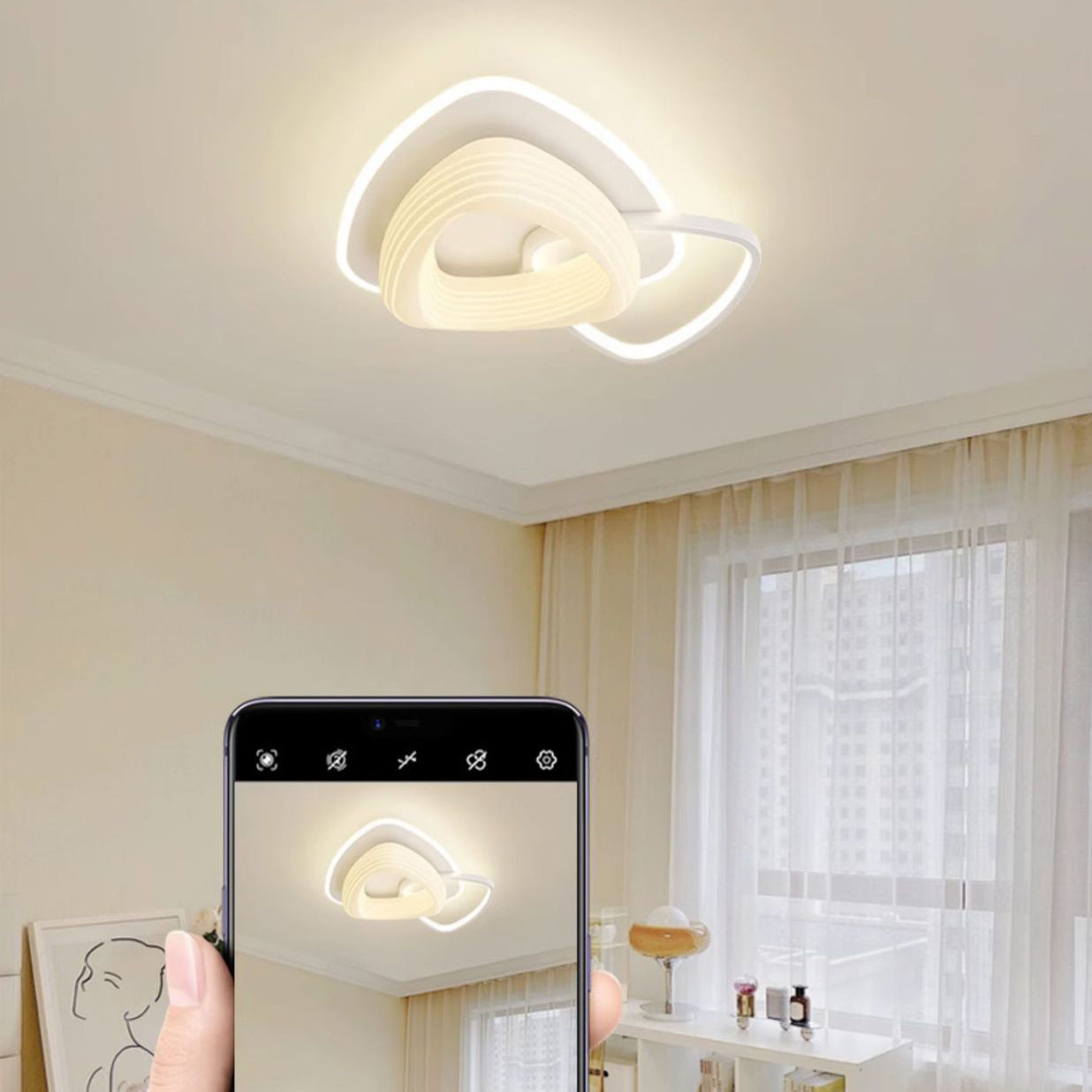 Contemporary Nordic Hardware PE Flower Triangle Round LED Flush Mount Ceiling Light For Bedroom