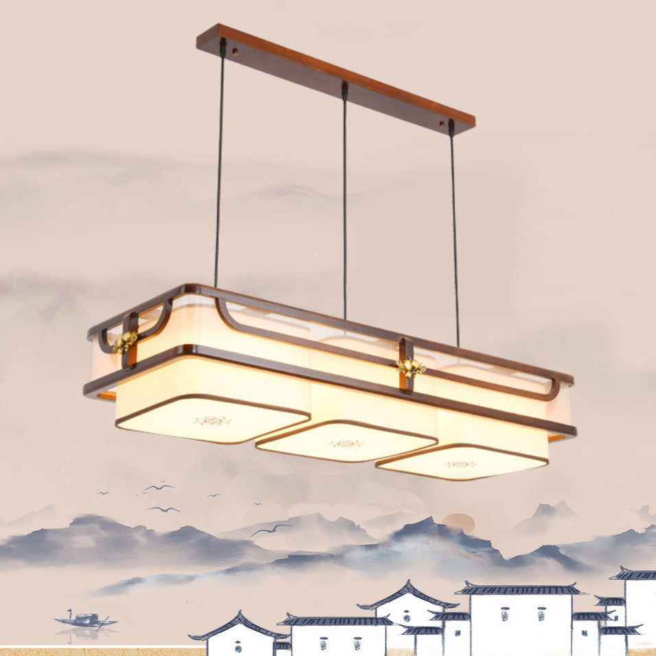 Traditional Chinese Begonia Wood Brass Acrylic Square Rectangular LED Chandeliers Island Light For Dining Room