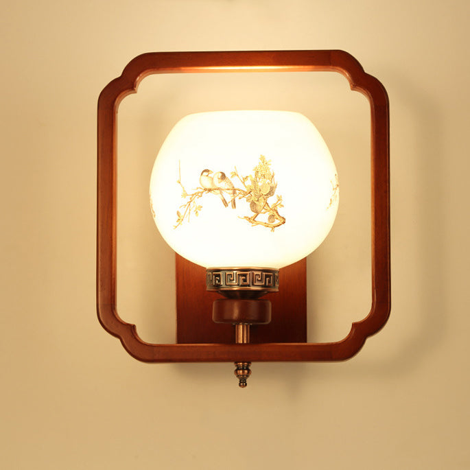 Traditional Chinese Rubber Wood Glass Flower Square Round Bird 1-Light Wall Sconce Lamp For Bedside