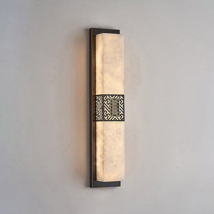 Traditional Chinese Marble Copper Rectangular Ripple Pattern LED Wall Sconce Lamp For Hallway