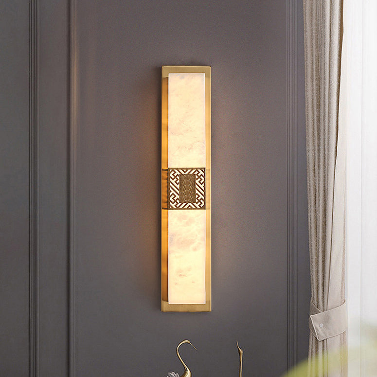 Traditional Chinese Marble Copper Rectangular Ripple Pattern LED Wall Sconce Lamp For Hallway