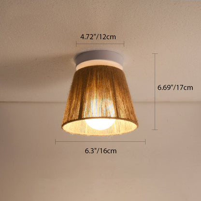 Traditional Japanese Iron Hemp Rope Weaving Cylinder 1-Light Semi-Flush Mount Ceiling Light For Hallway