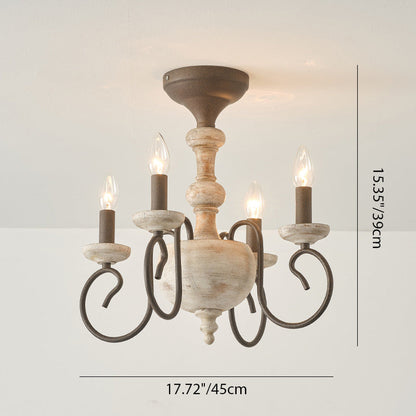 Traditional Vintage Wood Iron Candlestick Column 4-Light Semi-Flush Mount Ceiling Light For Living Room