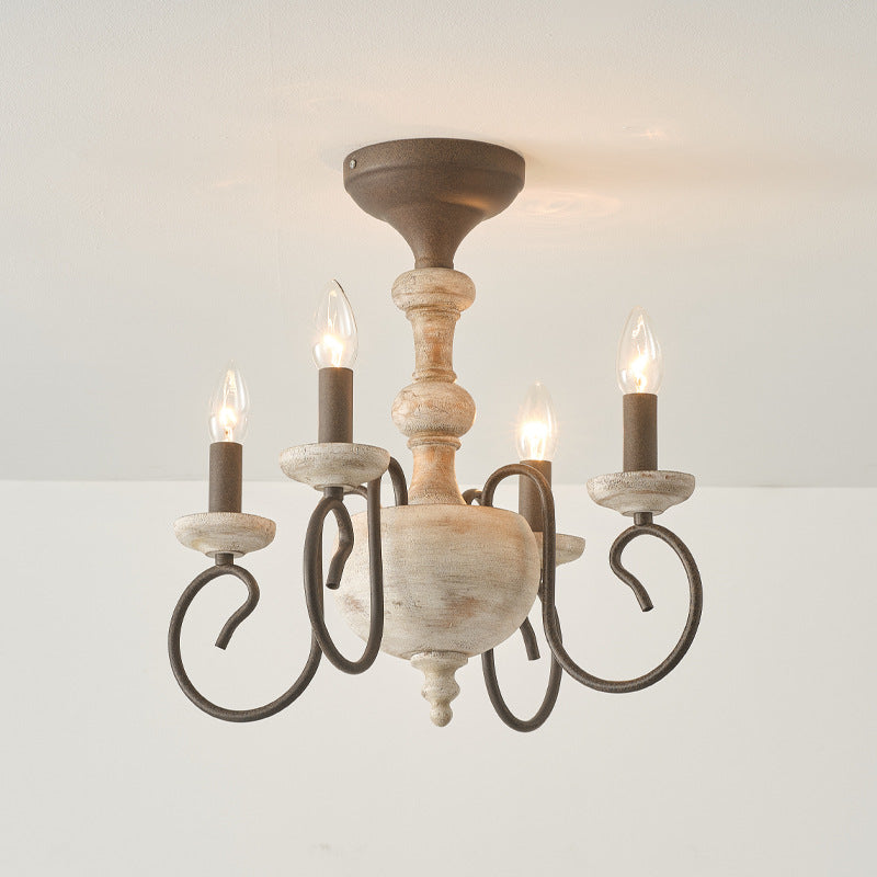 Traditional Vintage Wood Iron Candlestick Column 4-Light Semi-Flush Mount Ceiling Light For Living Room