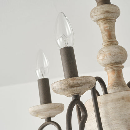 Traditional Vintage Wood Iron Candlestick Column 4-Light Semi-Flush Mount Ceiling Light For Living Room
