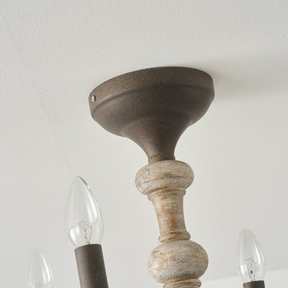Traditional Vintage Wood Iron Candlestick Column 4-Light Semi-Flush Mount Ceiling Light For Living Room