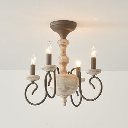 Traditional Vintage Wood Iron Candlestick Column 4-Light Semi-Flush Mount Ceiling Light For Living Room