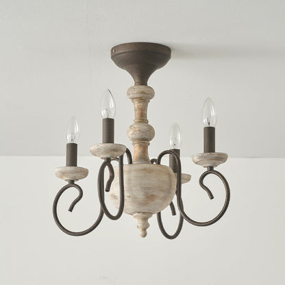 Traditional Vintage Wood Iron Candlestick Column 4-Light Semi-Flush Mount Ceiling Light For Living Room