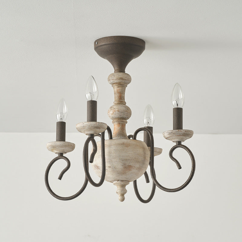 Traditional Vintage Wood Iron Candlestick Column 4-Light Semi-Flush Mount Ceiling Light For Living Room