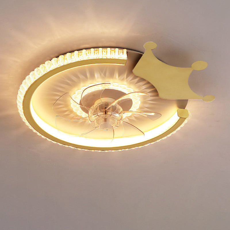 Modern Luxury Kids Round Crown Animal Acrylic ABS LED Flush Mount Ceiling Fan Light For Bedroom