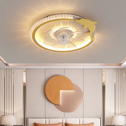 Modern Luxury Kids Round Crown Animal Acrylic ABS LED Flush Mount Ceiling Fan Light For Bedroom