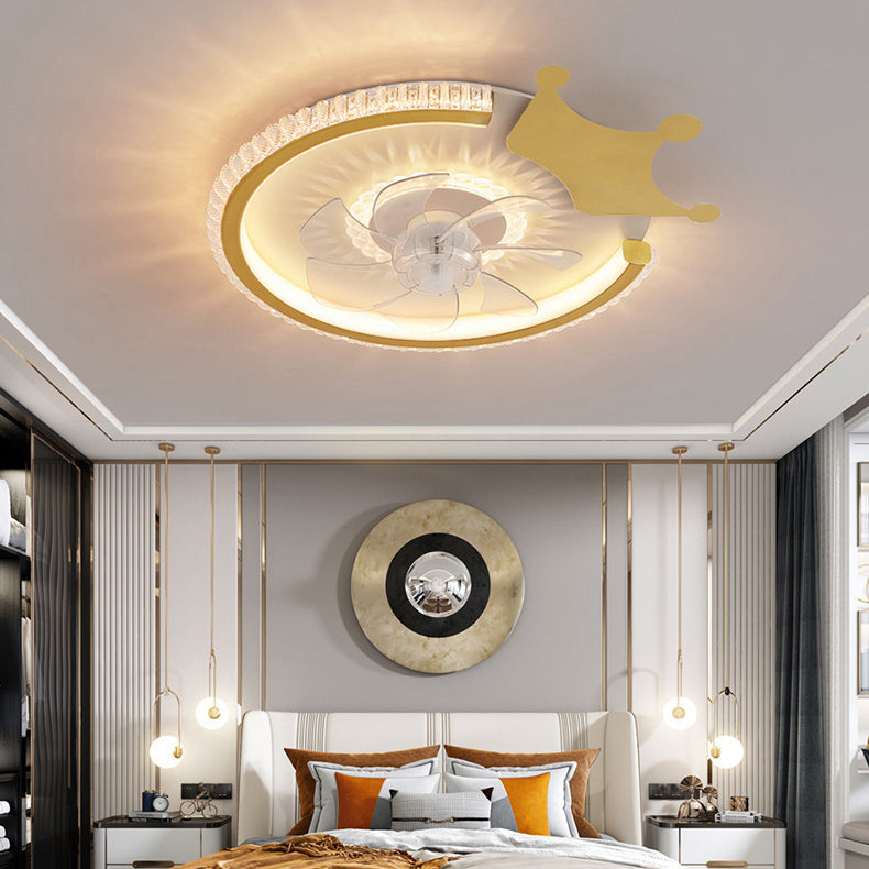 Modern Luxury Kids Round Crown Animal Acrylic ABS LED Flush Mount Ceiling Fan Light For Bedroom