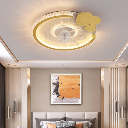 Modern Luxury Kids Round Crown Animal Acrylic ABS LED Flush Mount Ceiling Fan Light For Bedroom