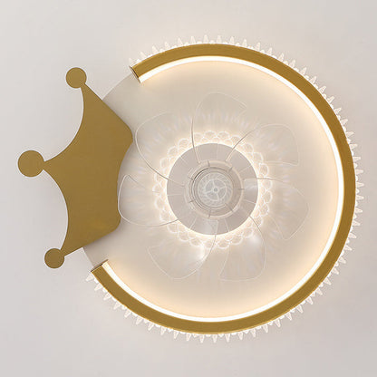 Modern Luxury Kids Round Crown Animal Acrylic ABS LED Flush Mount Ceiling Fan Light For Bedroom