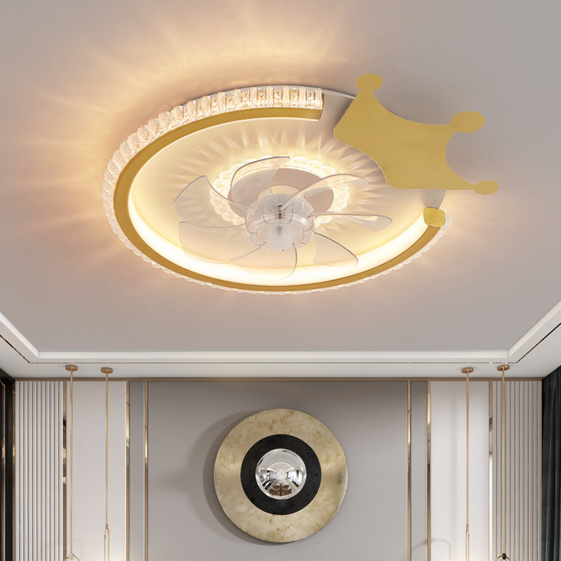 Modern Luxury Kids Round Crown Animal Acrylic ABS LED Flush Mount Ceiling Fan Light For Bedroom