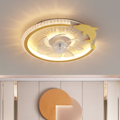 Modern Luxury Kids Round Crown Animal Acrylic ABS LED Flush Mount Ceiling Fan Light For Bedroom