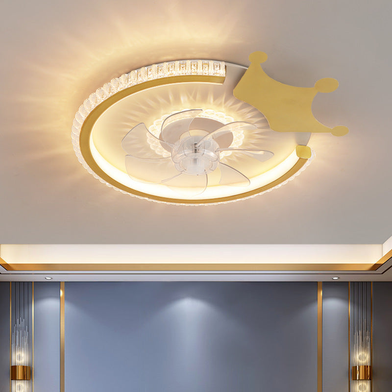 Modern Luxury Kids Round Crown Animal Acrylic ABS LED Flush Mount Ceiling Fan Light For Bedroom