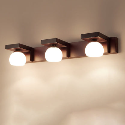 Contemporary Retro Rubber Wood Iron Glass Rectangular 2/3 Light Wall Sconce Lamp Vanity Light For Bathroom