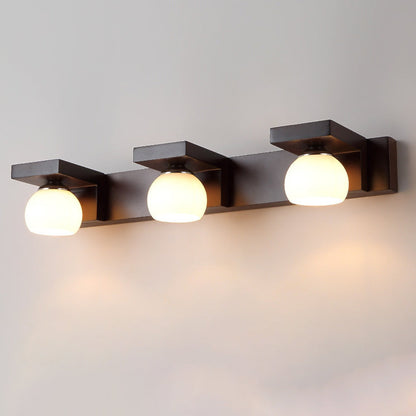Contemporary Retro Rubber Wood Iron Glass Rectangular 2/3 Light Wall Sconce Lamp Vanity Light For Bathroom