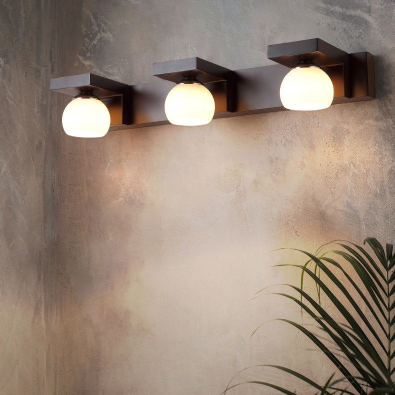 Contemporary Retro Rubber Wood Iron Glass Rectangular 2/3 Light Wall Sconce Lamp Vanity Light For Bathroom