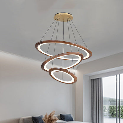 Contemporary Retro Walnut Acrylic Circles Adjustable LED Chandeliers For Living Room