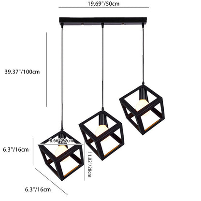 Contemporary Industrial Iron Cubic Geometric Hollowed 1/3 Light Pendant Light For Dining Room
