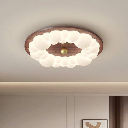 Contemporary Retro Iron PE Ash Wood Round Bubble LED Flush Mount Ceiling Light For Bedroom