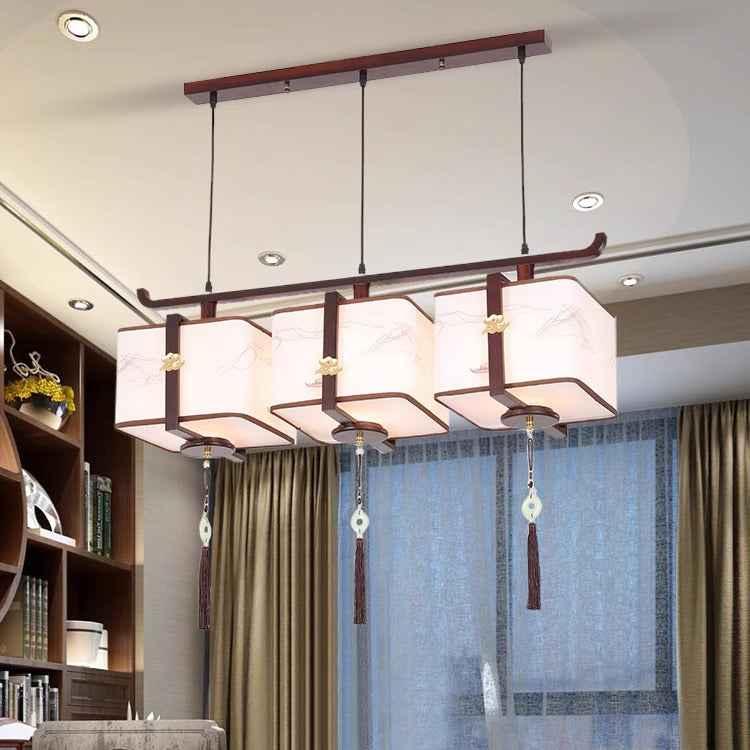 Traditional Chinese Solid Wood Fabric Square Brushed Printing 1/2/3 Light Chandeliers For Dining Room