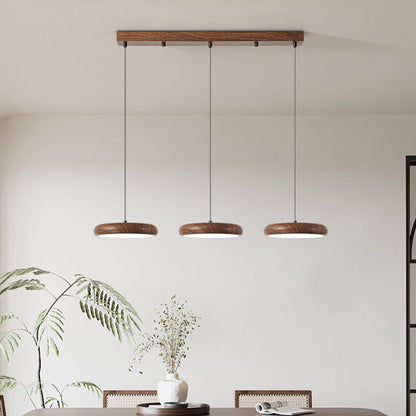 Contemporary Retro Iron PVC Round Wood Grain LED Pendant Light For Dining Room