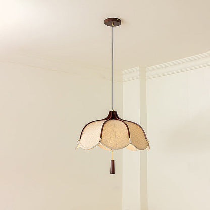 Traditional Vintage Oak Hardware Fabric Dome Petal 1-Light Pendant Light For Dining Room