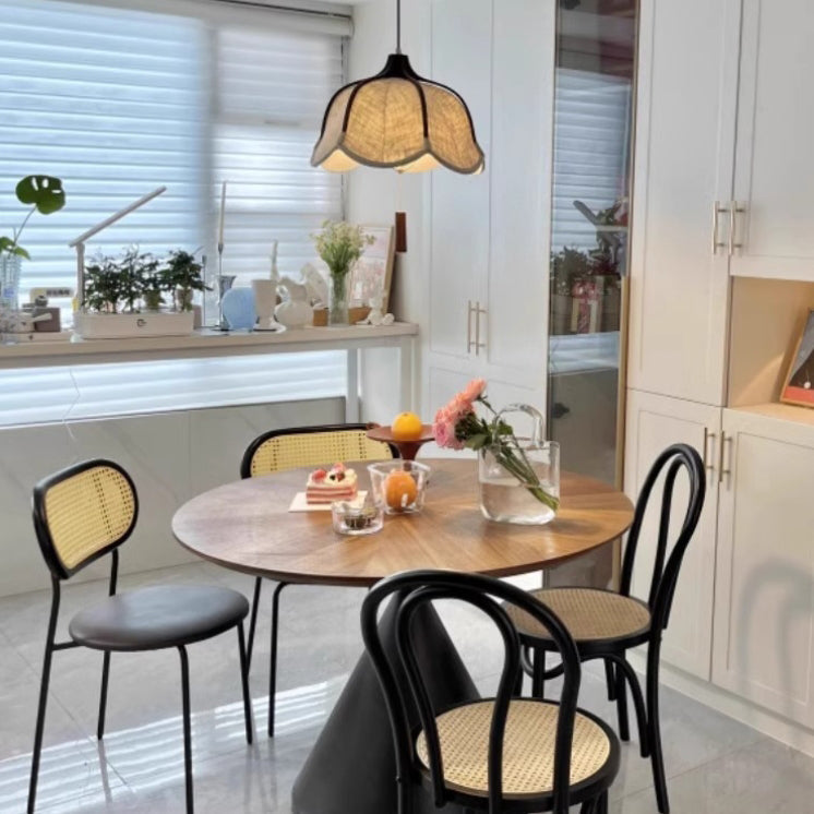 Traditional Vintage Oak Hardware Fabric Dome Petal 1-Light Pendant Light For Dining Room