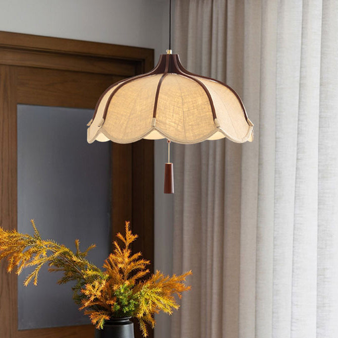 Traditional Vintage Oak Hardware Fabric Dome Petal 1-Light Pendant Light For Dining Room