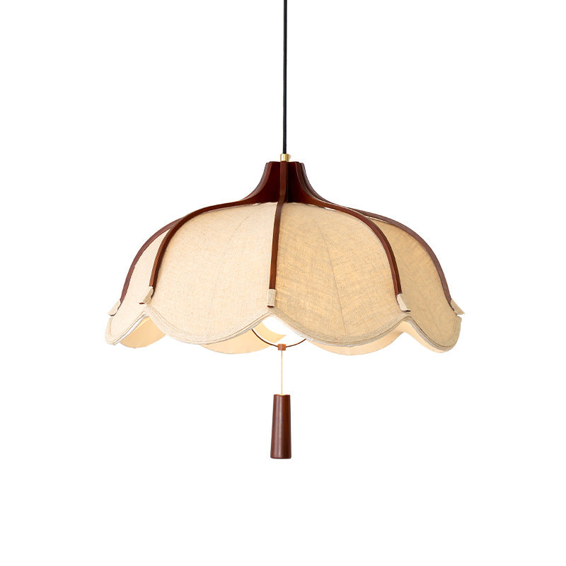 Traditional Vintage Oak Hardware Fabric Dome Petal 1-Light Pendant Light For Dining Room