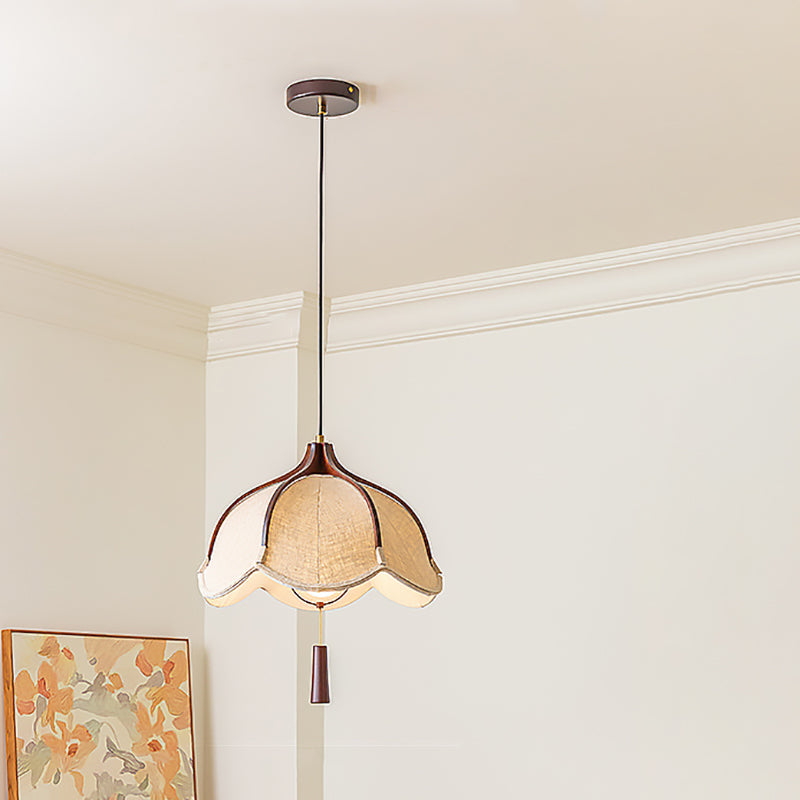 Traditional Vintage Oak Hardware Fabric Dome Petal 1-Light Pendant Light For Dining Room