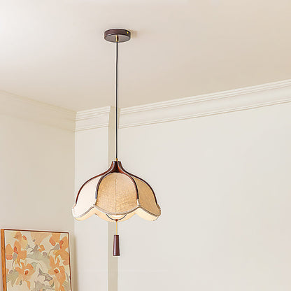 Traditional Vintage Oak Hardware Fabric Dome Petal 1-Light Pendant Light For Dining Room