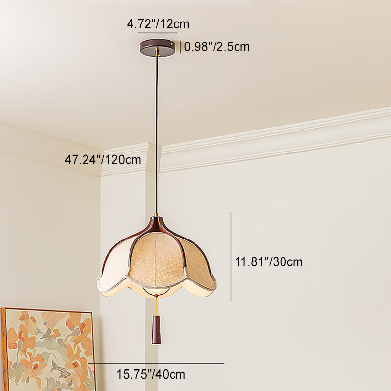 Traditional Vintage Oak Hardware Fabric Dome Petal 1-Light Pendant Light For Dining Room