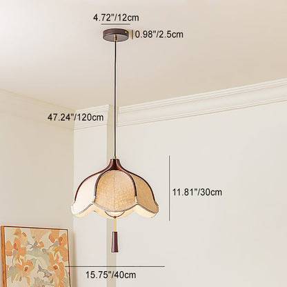 Traditional Vintage Oak Hardware Fabric Dome Petal 1-Light Pendant Light For Dining Room